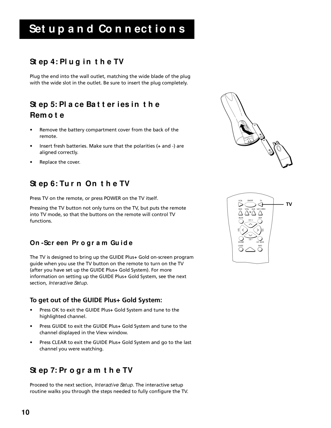 RCA F25305, F20645 manual Plug in the TV, Place Batteries Remote, Turn on the TV, Program the TV, ON-SCREEN Program Guide 