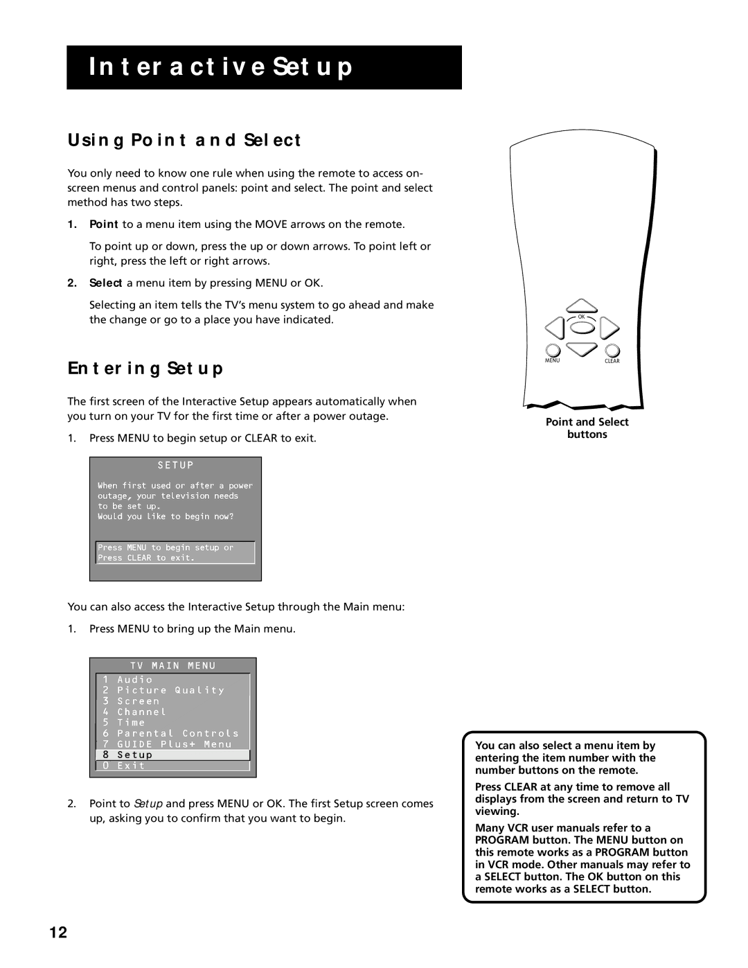 RCA F25305, F20645 manual Using Point and Select, Entering Setup, Point and Select Buttons 