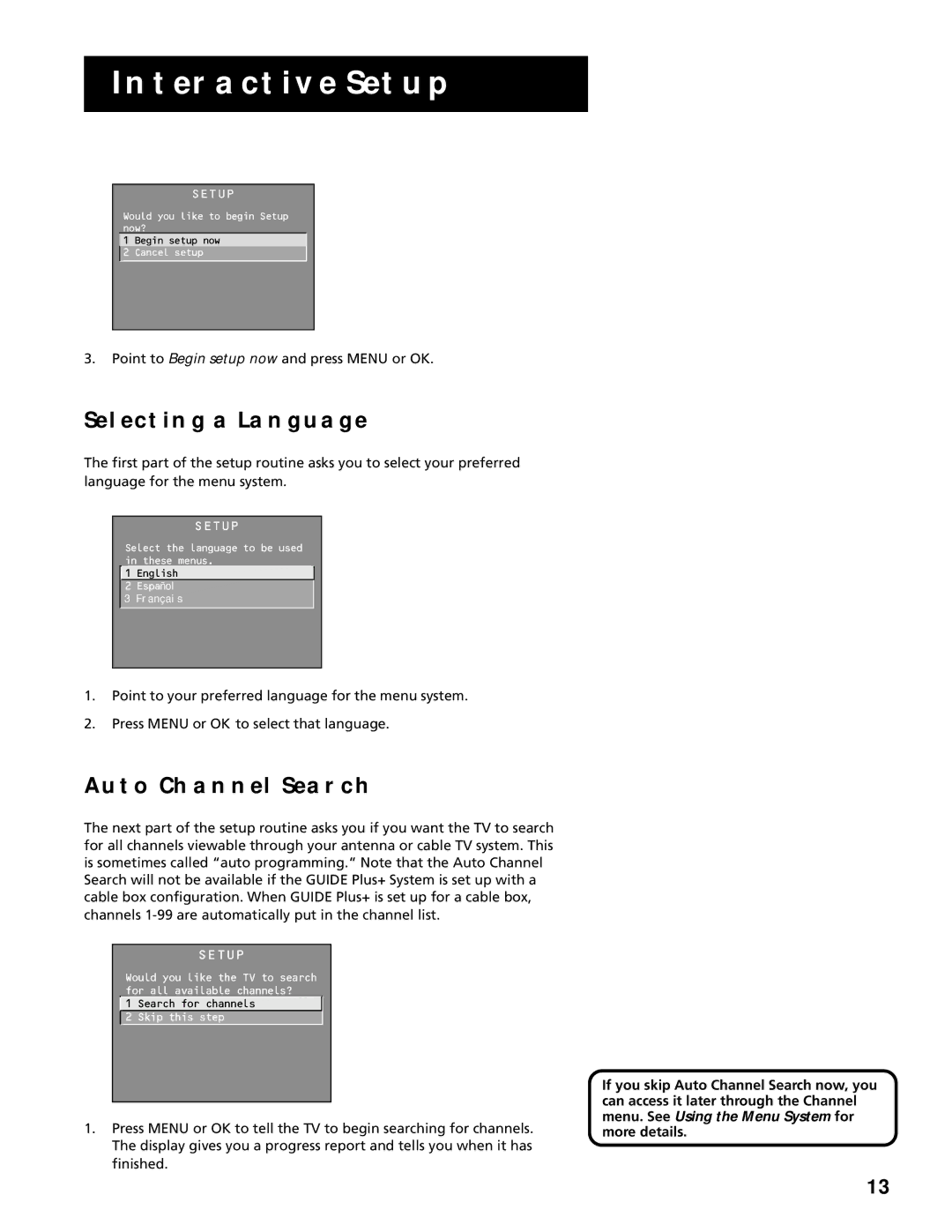 RCA F20645, F25305 manual Selecting a Language, Auto Channel Search 