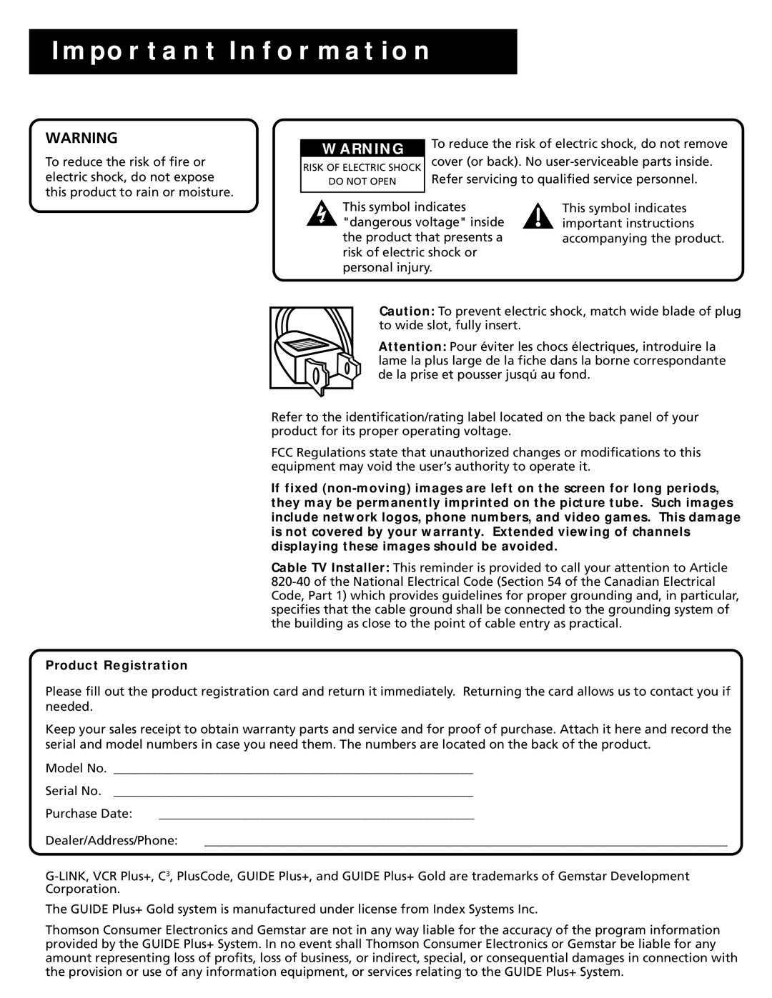 RCA F25305, F20645 manual Important Information, Product Registration 