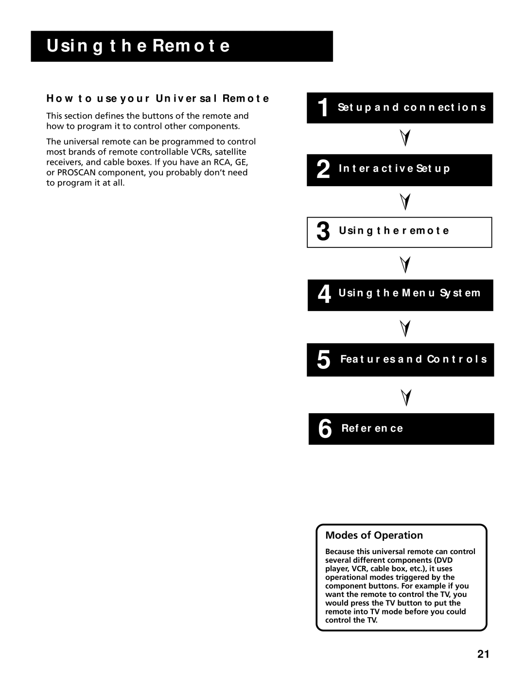 RCA F20645, F25305 manual Using the Remote, HOW to USE Your Universal Remote, Modes of Operation 