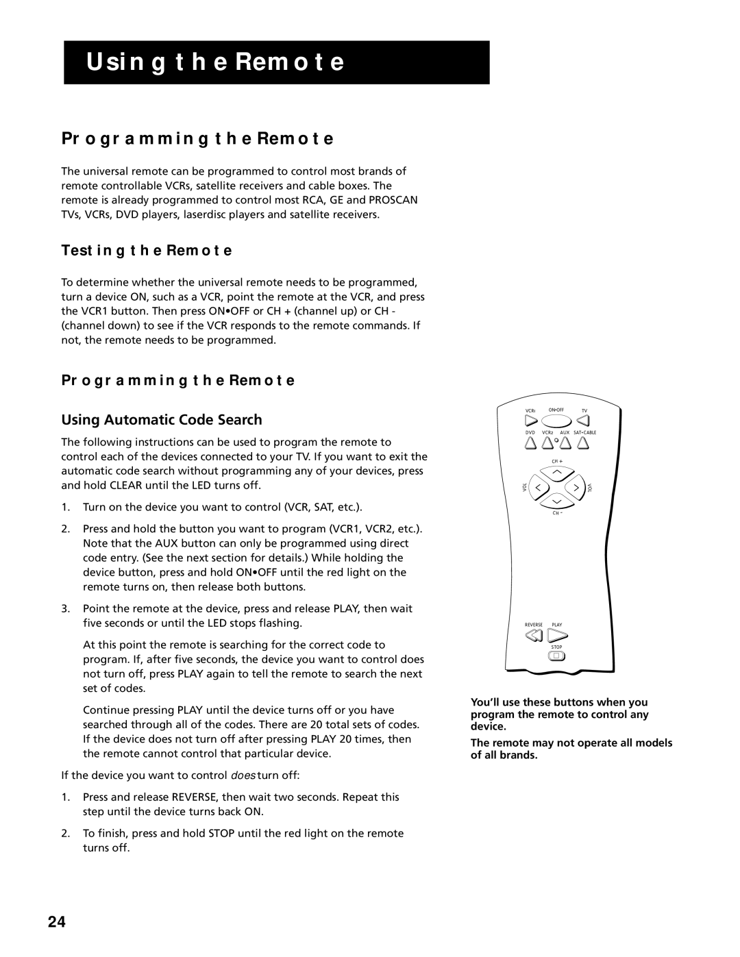 RCA F25305, F20645 manual Programming the Remote, Testing the Remote, Using Automatic Code Search 