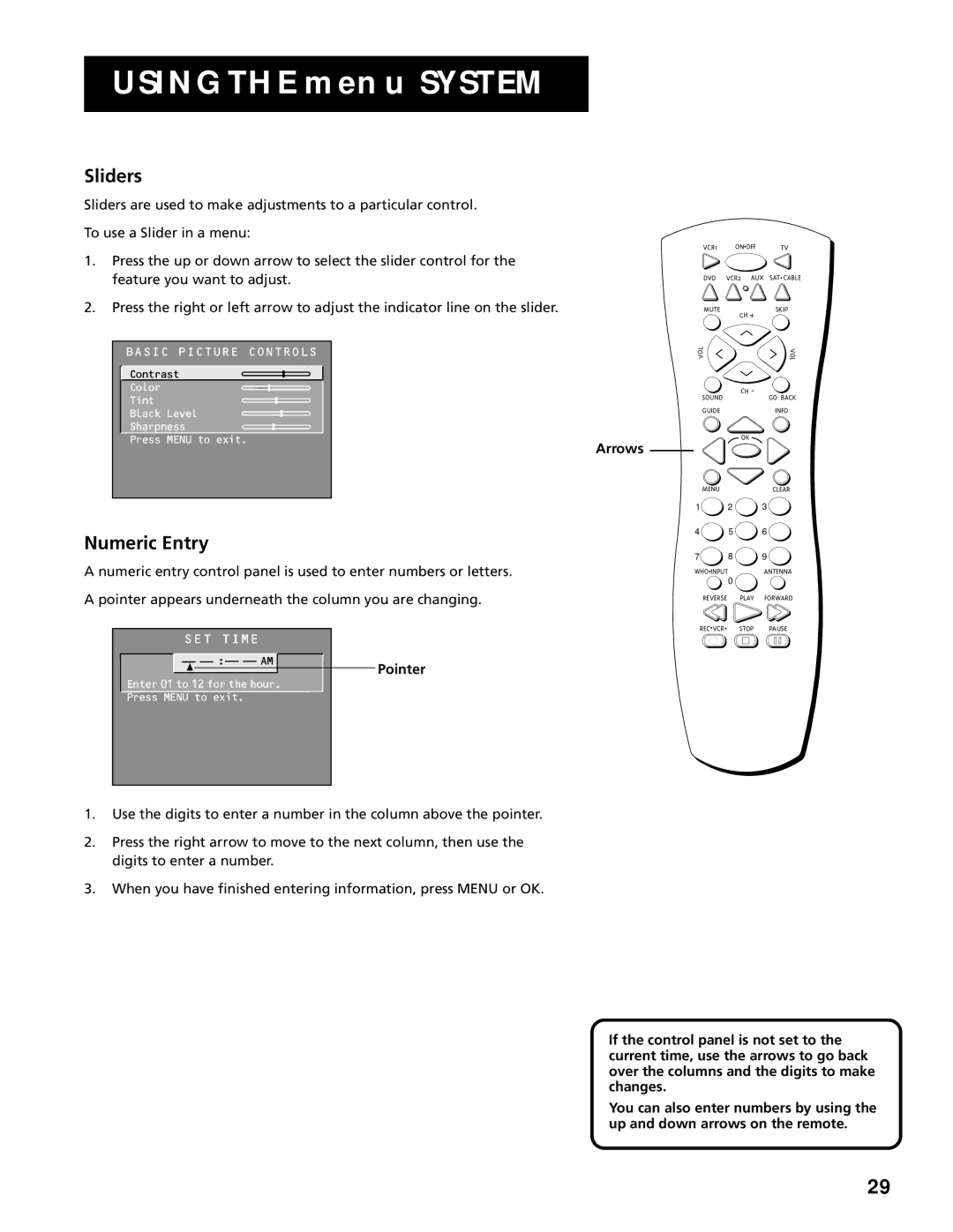 RCA F20645, F25305 manual Sliders, Numeric Entry, Arrows, Pointer 