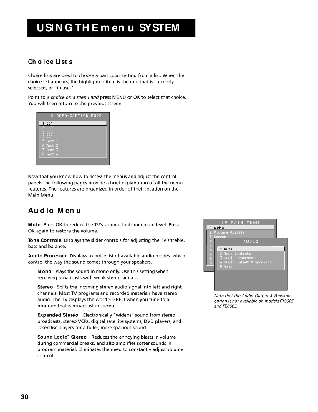 RCA F25305, F20645 manual Audio Menu, Choice Lists 