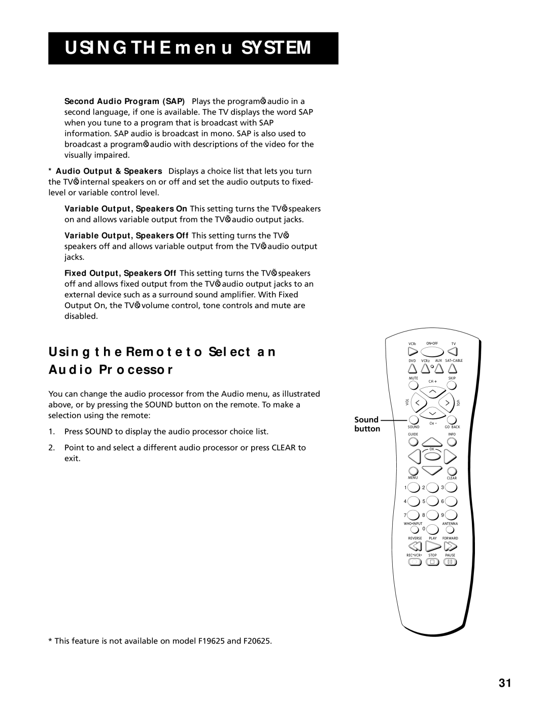 RCA F20645, F25305 manual Using the Remote to Select AN Audio Processor, Sound button 