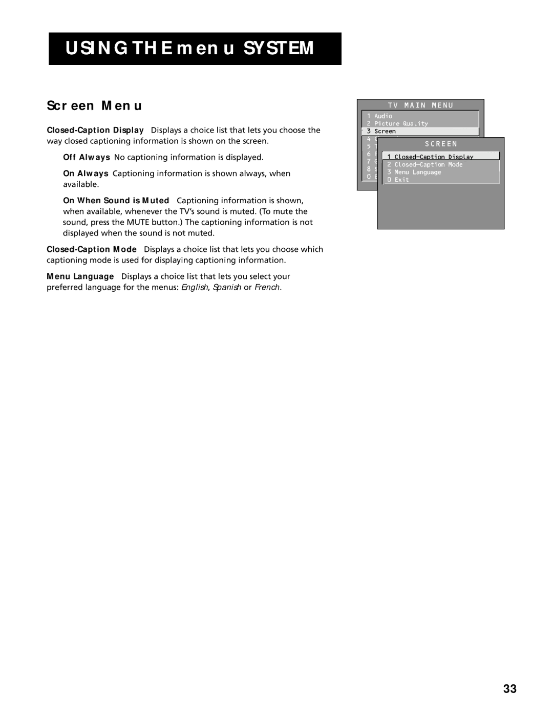 RCA F20645, F25305 manual Screen Menu 