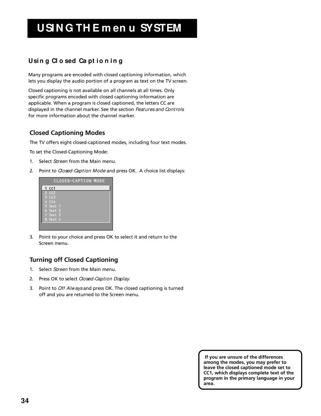 RCA F25305, F20645 manual Using Closed Captioning, Closed Captioning Modes, Turning off Closed Captioning 