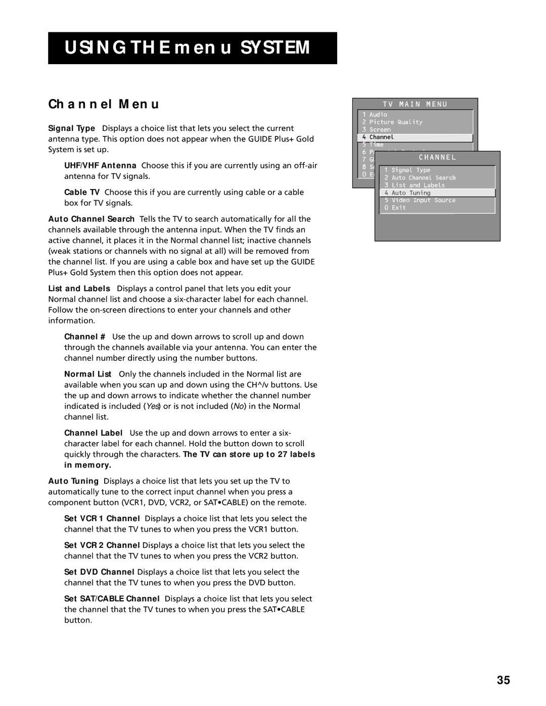 RCA F20645, F25305 manual Channel Menu, Memory 