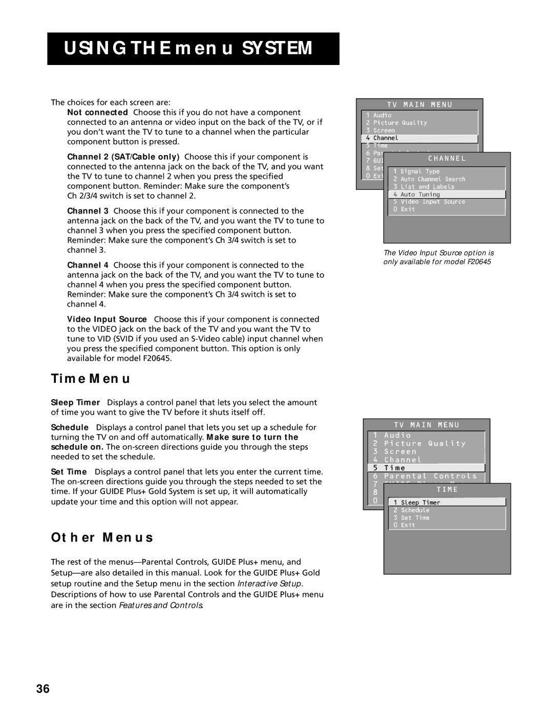 RCA F25305, F20645 manual Time Menu, Other Menus 