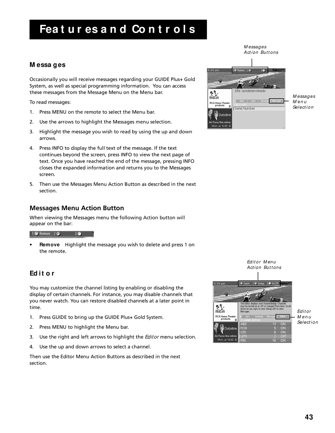 RCA F20645, F25305 manual Messages Menu Action Button, Editor 