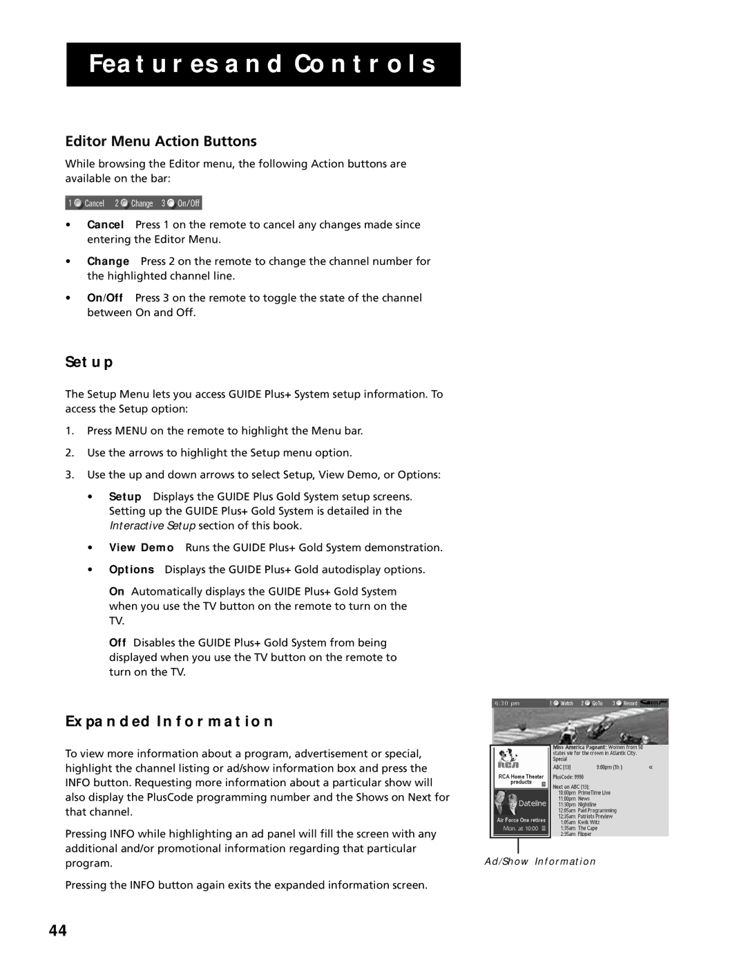 RCA F25305, F20645 manual Editor Menu Action Buttons, Setup, Expanded Information 