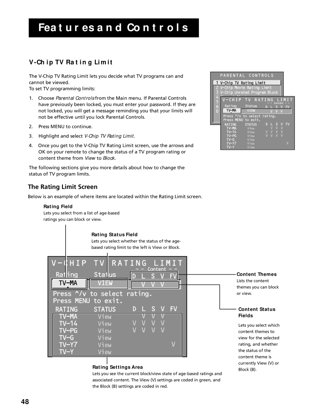 RCA F25305, F20645 manual Chip TV Rating Limit, Rating Limit Screen 