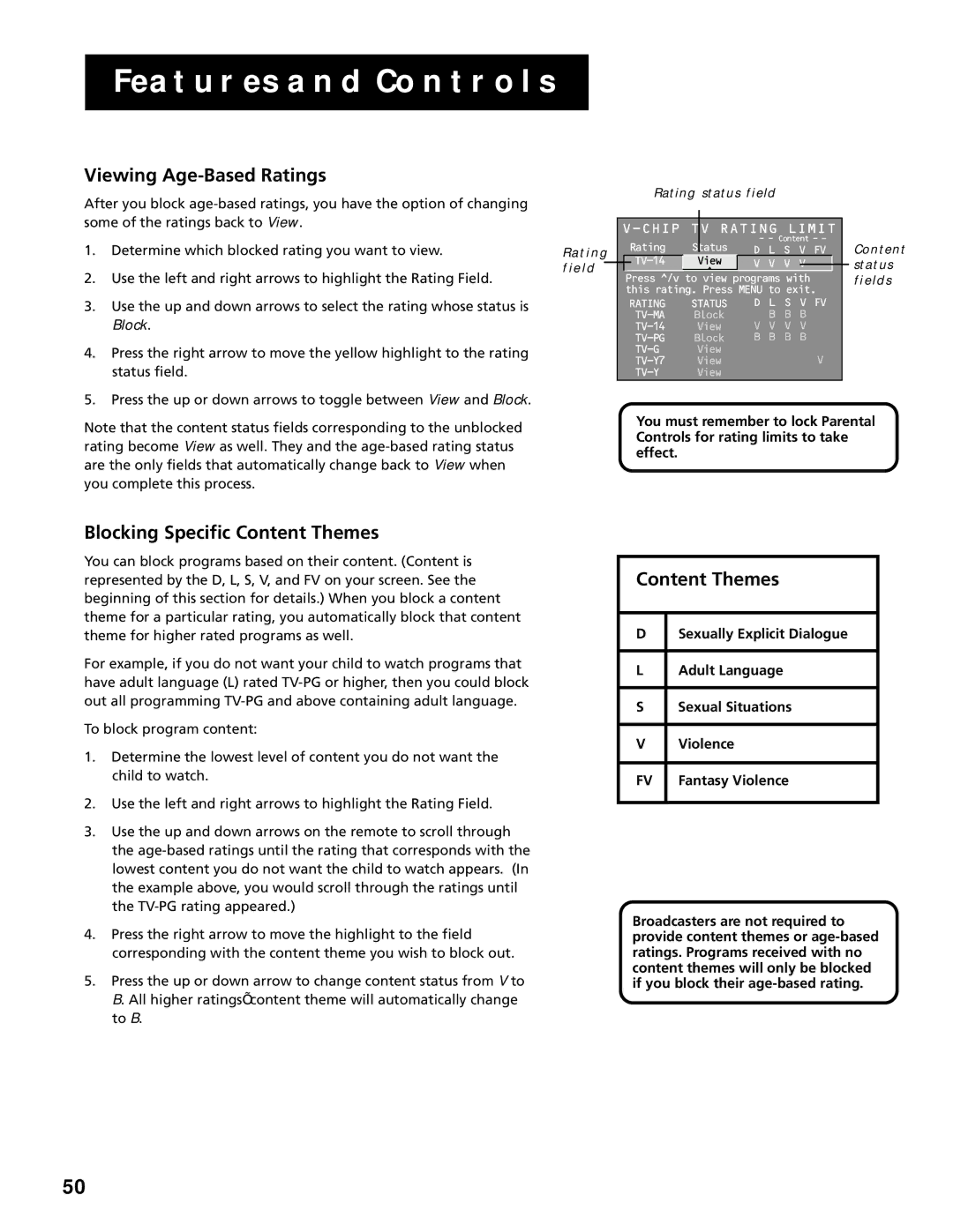 RCA F25305, F20645 manual Viewing Age-Based Ratings, Blocking Specific Content Themes 