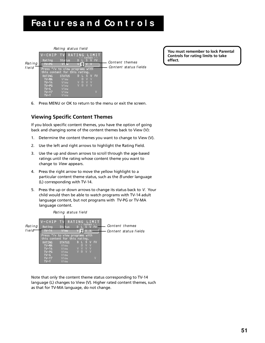 RCA F20645, F25305 manual Viewing Specific Content Themes, Rating field Rating status field 