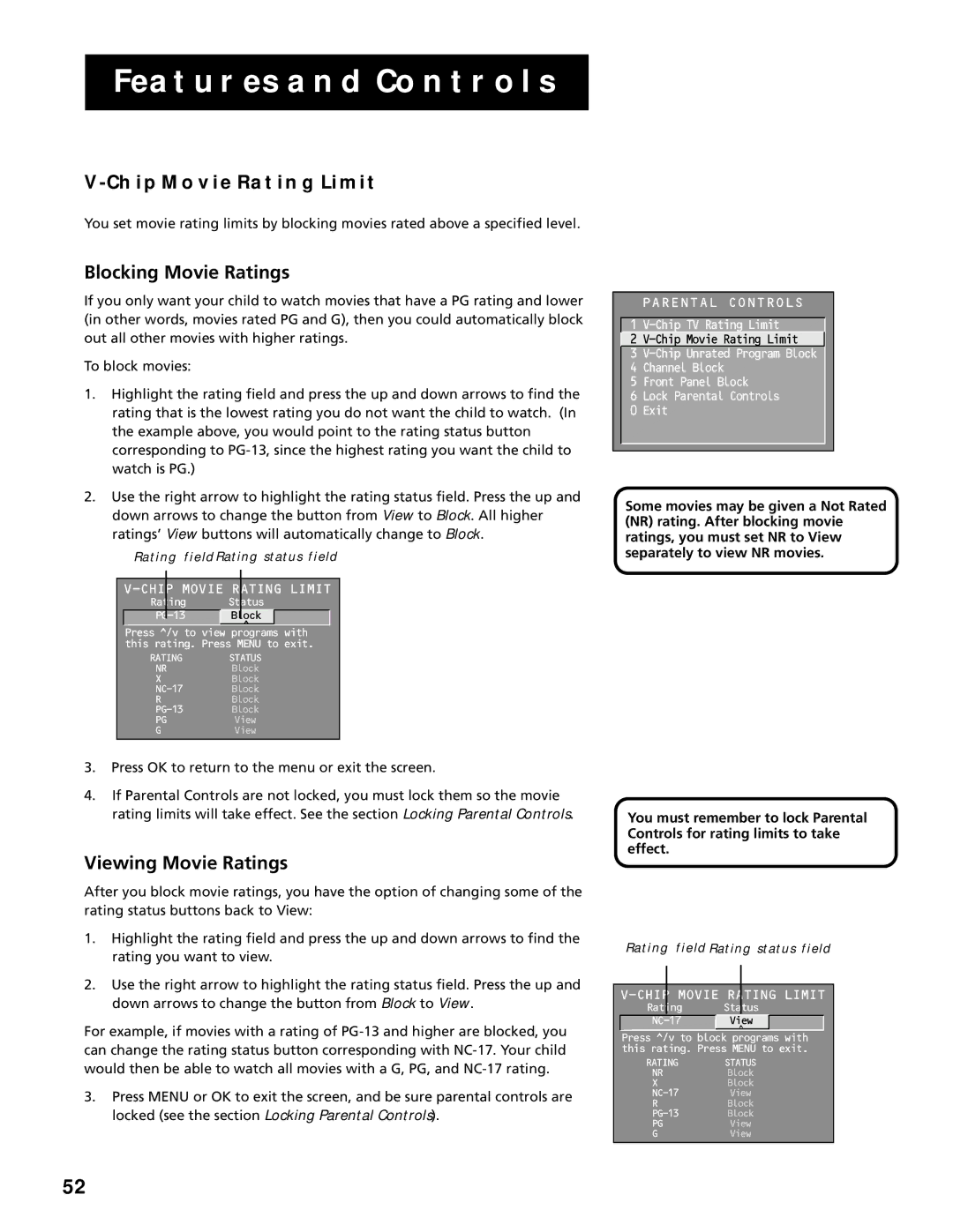 RCA F25305, F20645 manual Chip Movie Rating Limit, Blocking Movie Ratings, Viewing Movie Ratings 