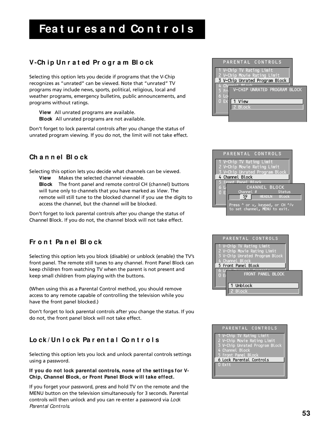 RCA F20645, F25305 manual Chip Unrated Program Block, Channel Block, Front Panel Block, LOCK/UNLOCK Parental Controls 