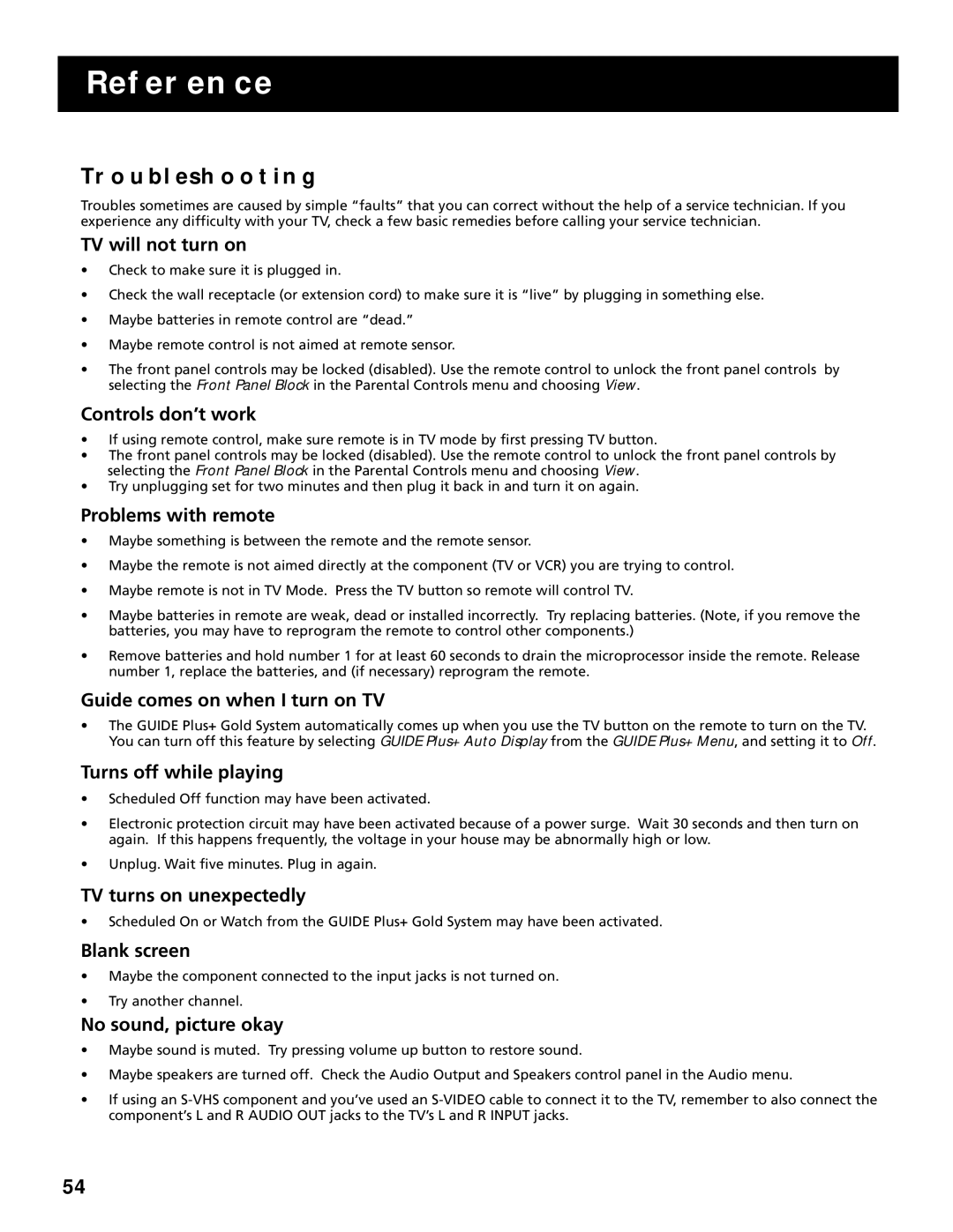 RCA F25305, F20645 manual Reference, Troubleshooting 