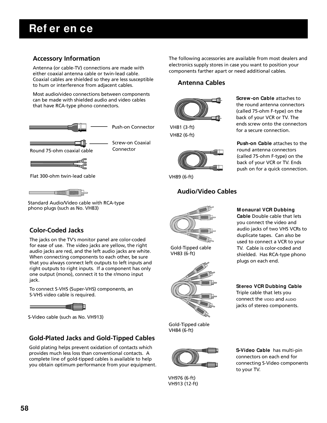 RCA F25305, F20645 manual Accessory Information, Antenna Cables, Audio/Video Cables, Color-Coded Jacks 