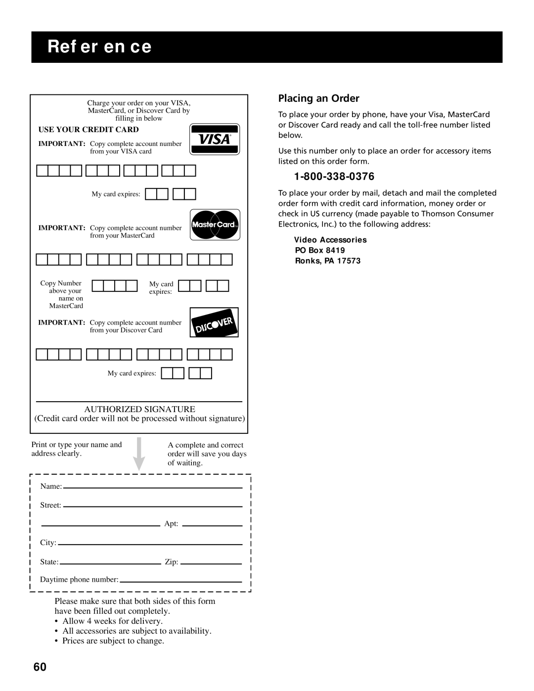 RCA F25305, F20645 manual Placing an Order, Video Accessories PO Box Ronks, PA 