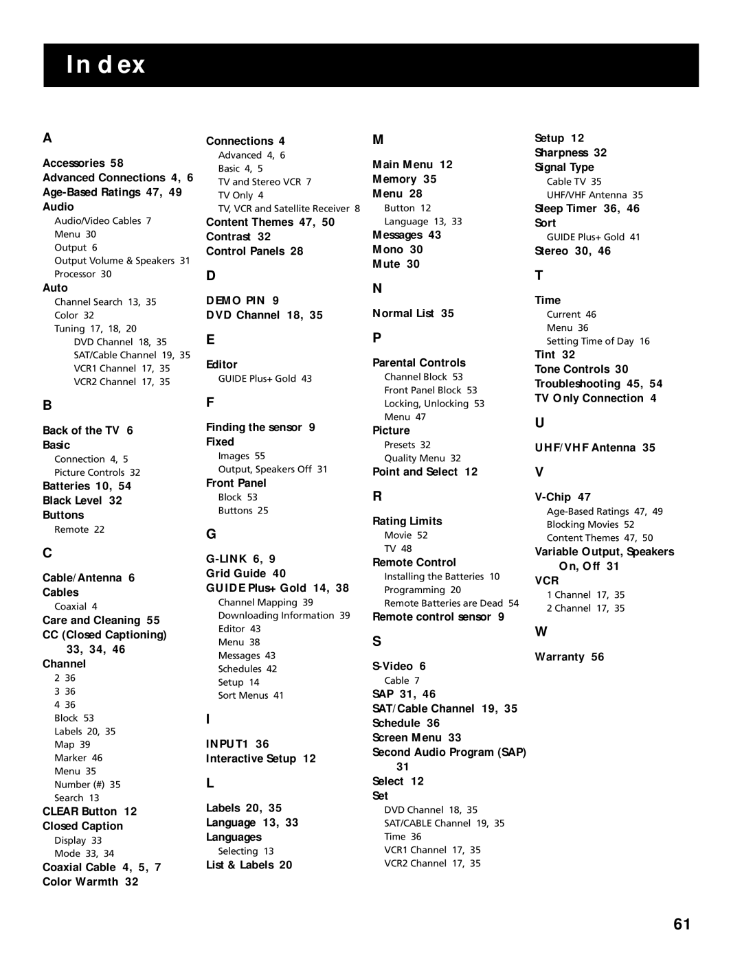 RCA F20645, F25305 manual Referenceindex, CC Closed Captioning 33, 34, Second Audio Program SAP 