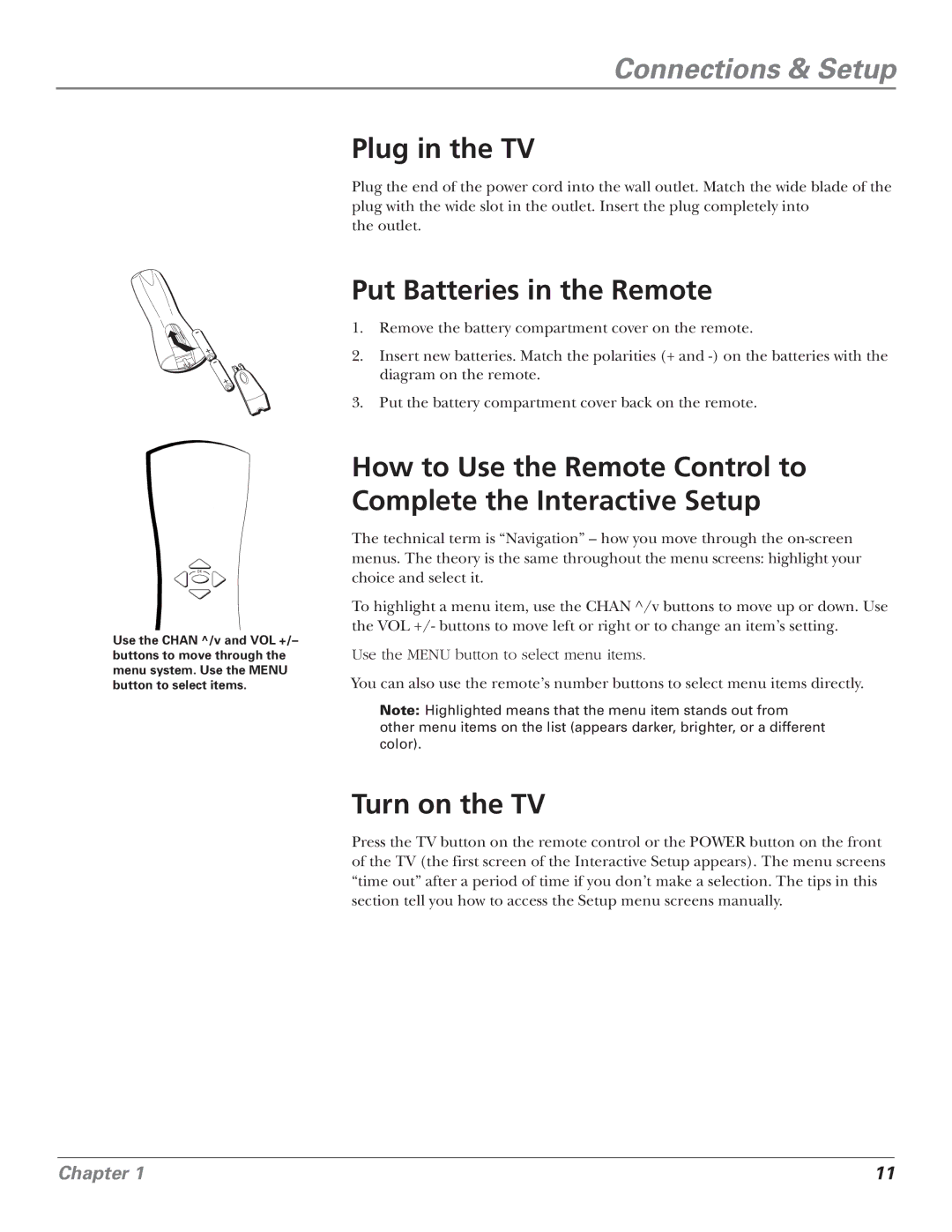 RCA F25339 manual Plug in the TV, Put Batteries in the Remote, Turn on the TV 