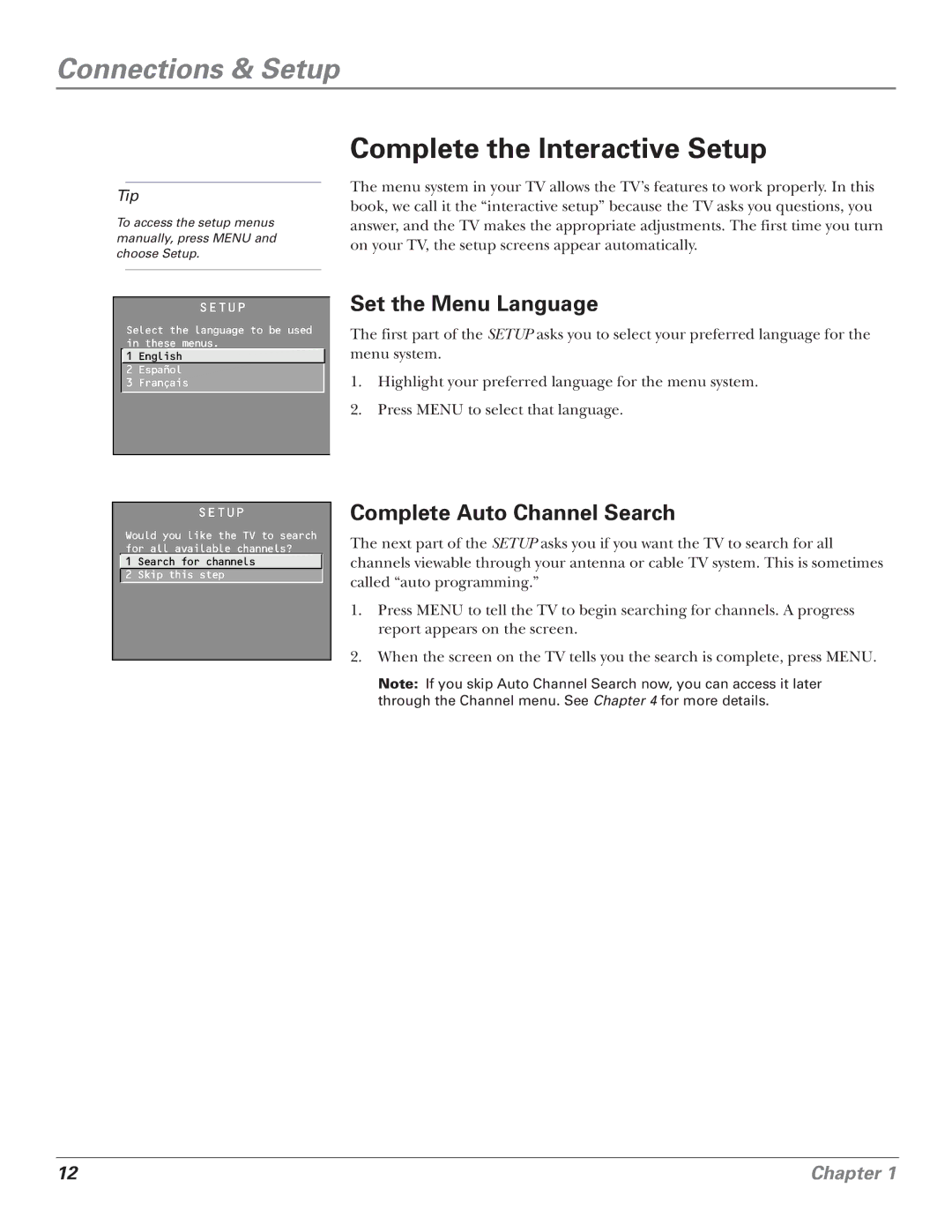 RCA F25339 manual Complete the Interactive Setup, Set the Menu Language, Complete Auto Channel Search 