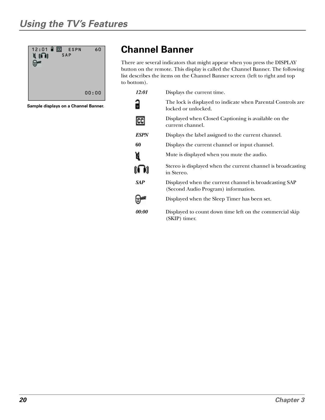 RCA F25339 manual Using the TV’s Features, Channel Banner 