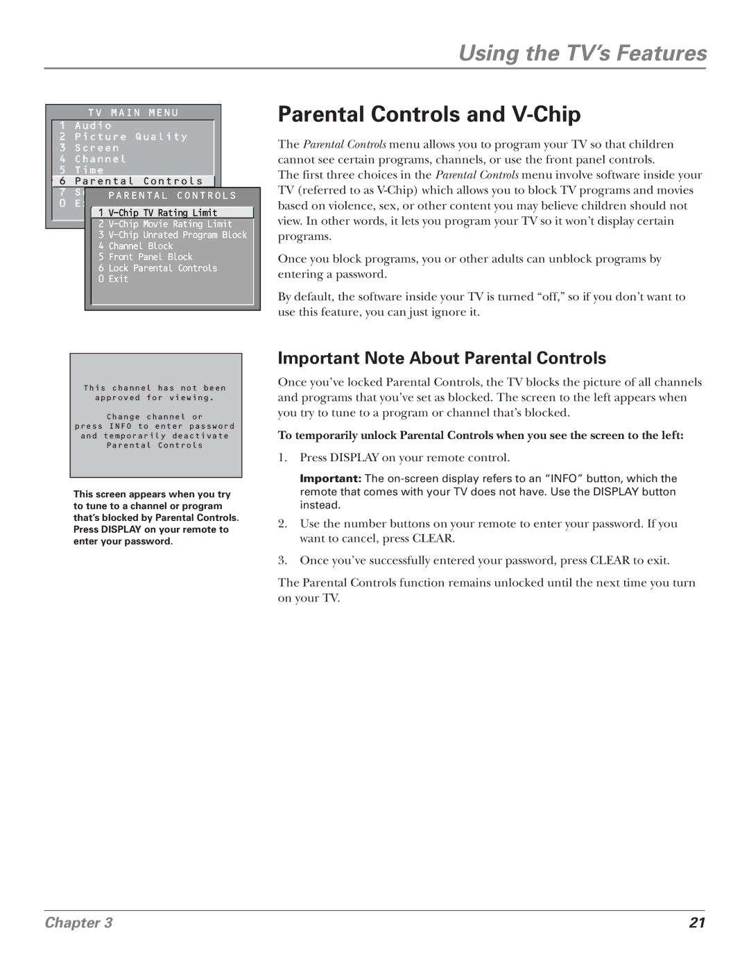 RCA F25339 manual Parental Controls and V-Chip, Important Note About Parental Controls 