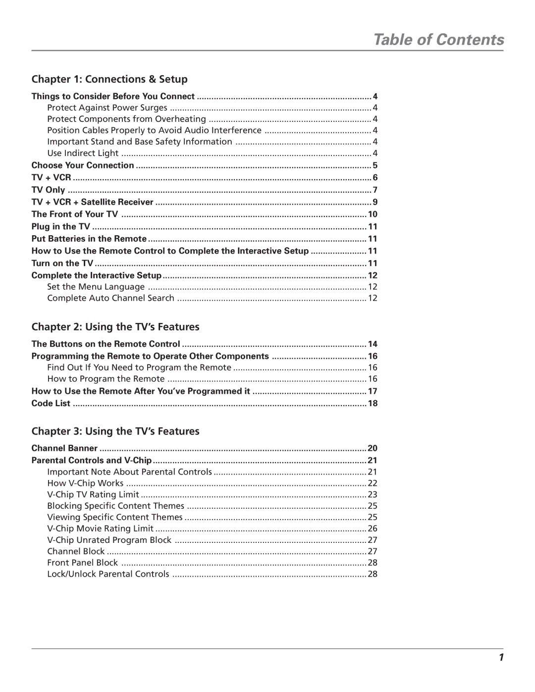 RCA F25339 manual Table of Contents 