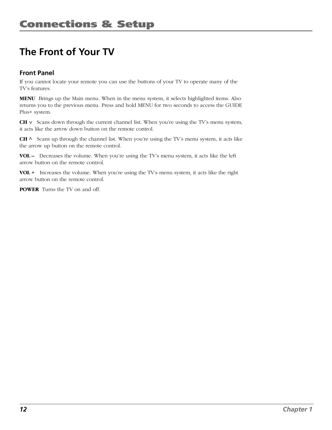 RCA F25422, F19432 manual Front of Your TV, Front Panel 