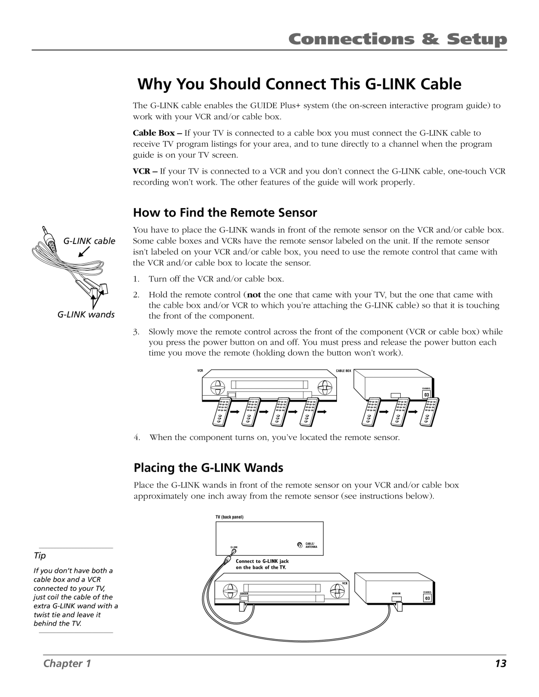 RCA F19432, F25422 manual Why You Should Connect This G-LINK Cable, How to Find the Remote Sensor, Placing the G-LINK Wands 