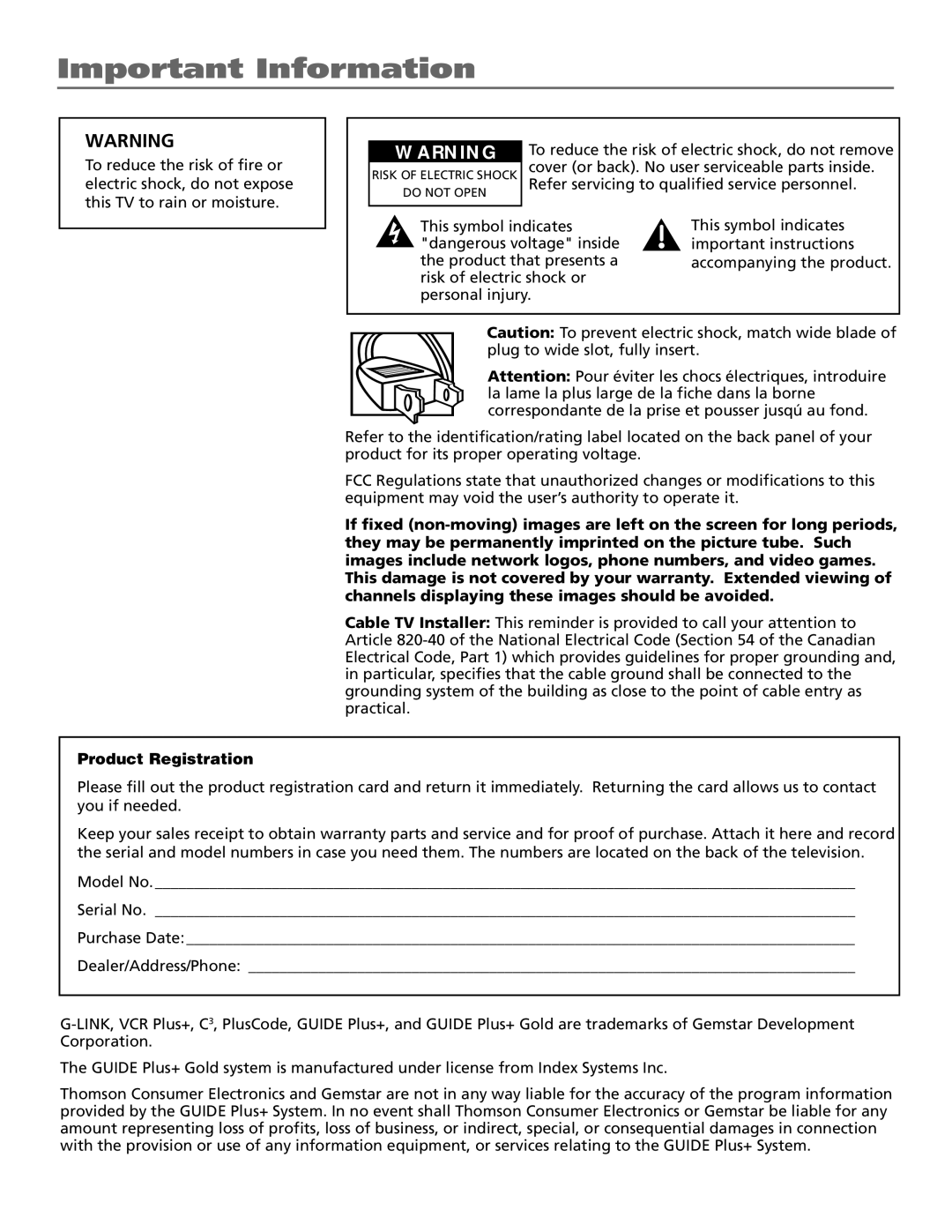 RCA F25422, F19432 manual Important Information 