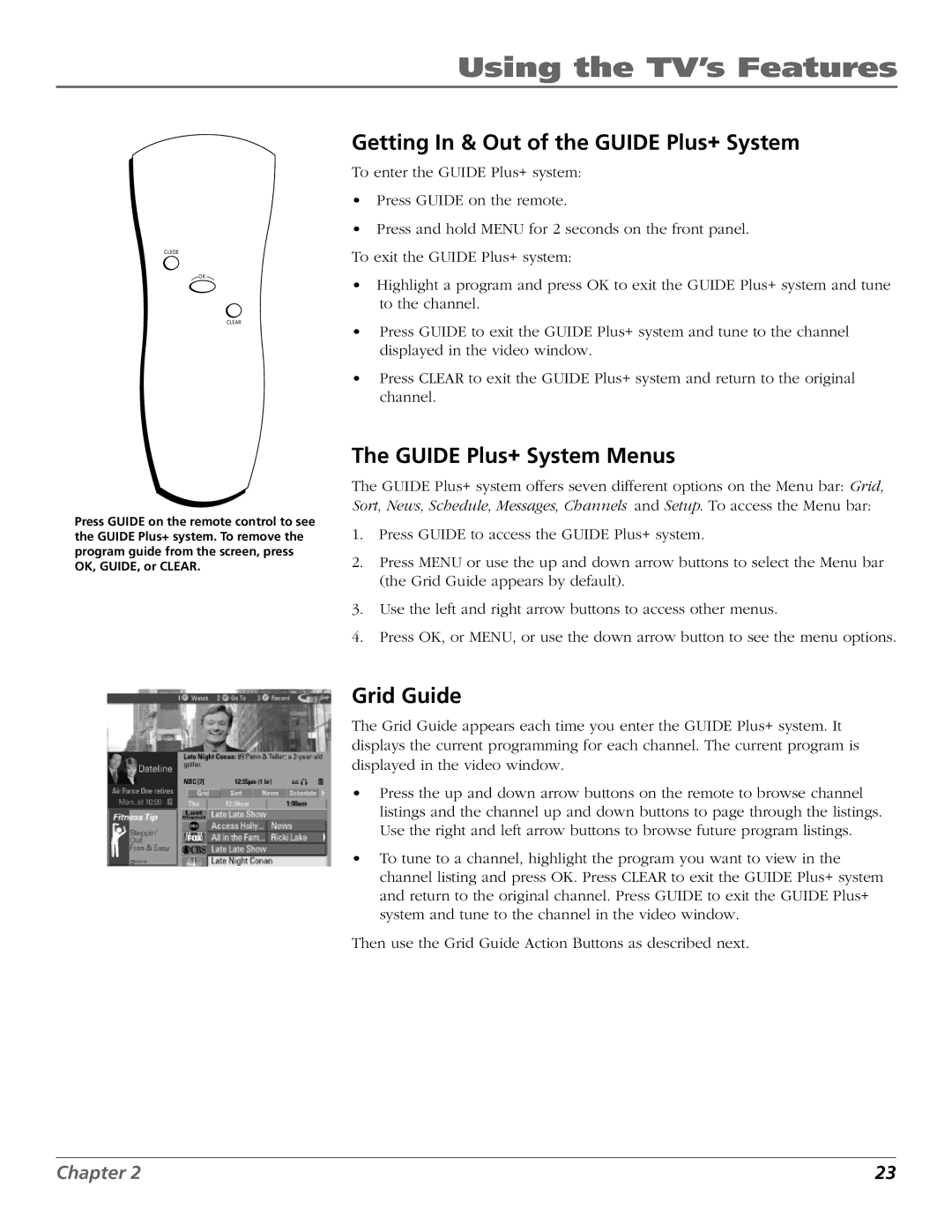 RCA F19432, F25422 manual Getting In & Out of the Guide Plus+ System, Guide Plus+ System Menus, Grid Guide 