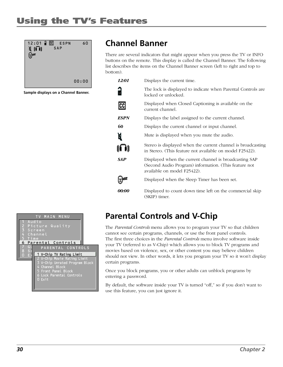 RCA F25422, F19432 manual Channel Banner, Parental Controls and V-Chip 