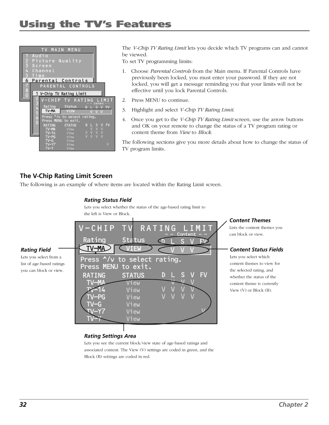 RCA F25422, F19432 manual V-Chip Rating Limit Screen, Chip TV Rating Limit 