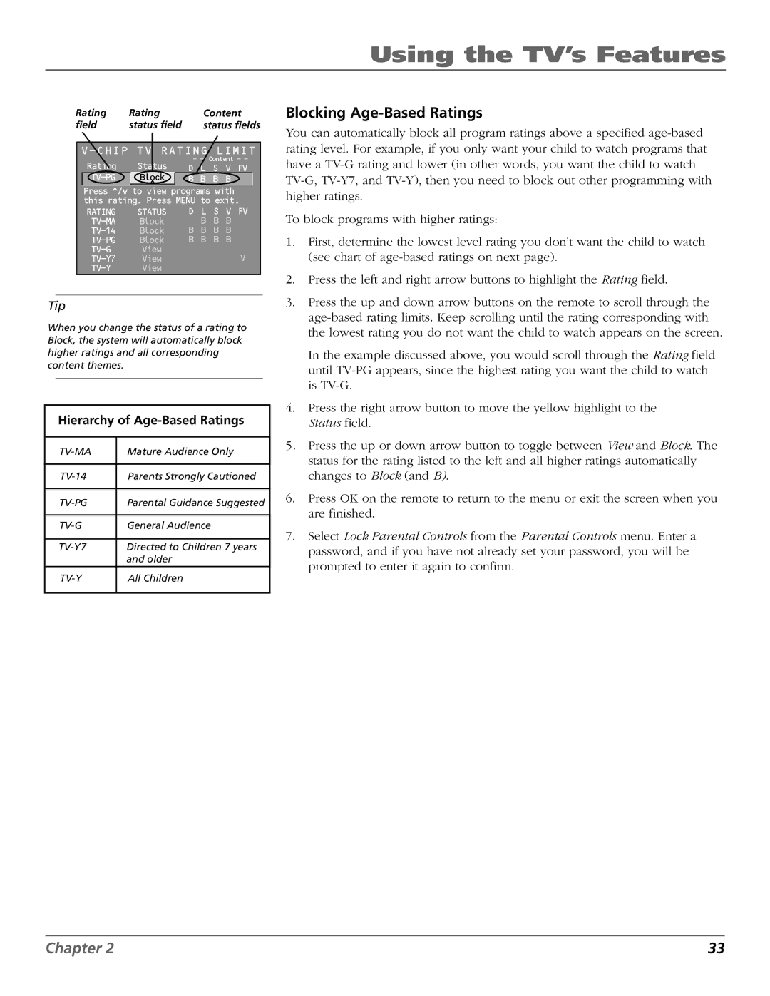 RCA F19432, F25422 manual Blocking Age-Based Ratings, Chip TV Rating Limit 