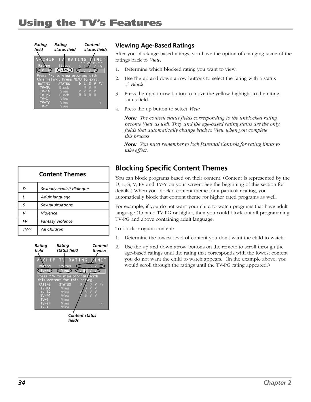 RCA F25422, F19432 manual Blocking Specific Content Themes, Viewing Age-Based Ratings 