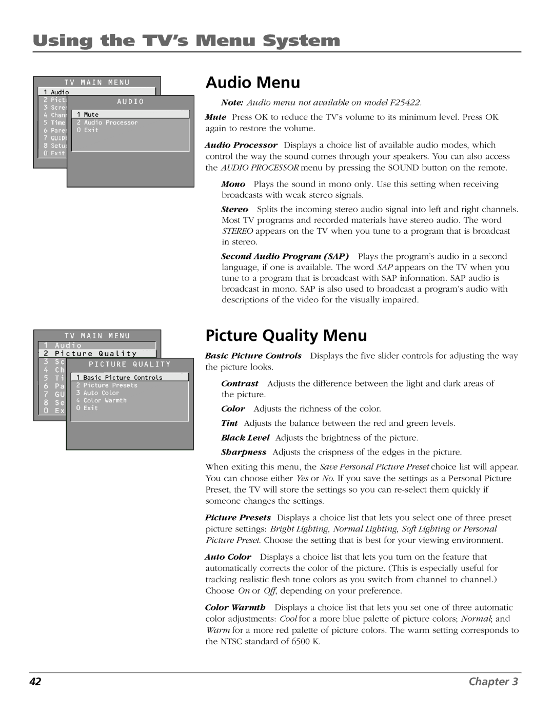 RCA F25422, F19432 manual Audio Menu, Picture Quality Menu 