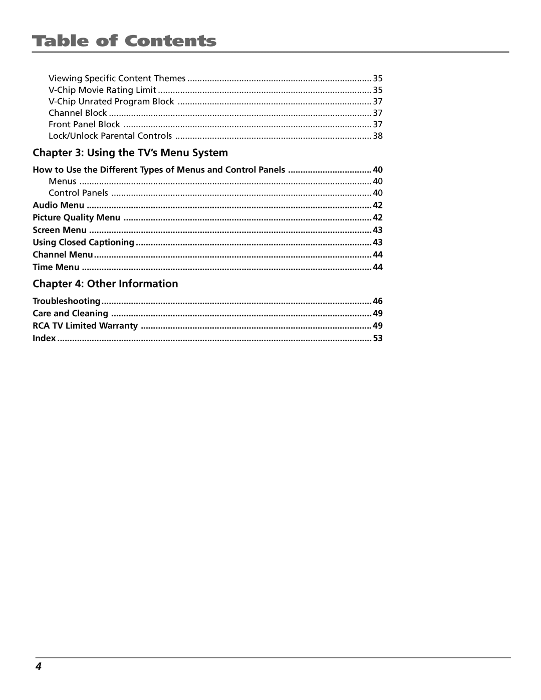 RCA F25422, F19432 manual Table of Contents 