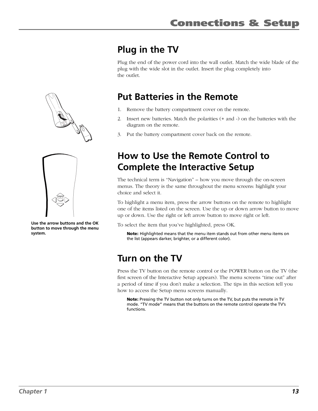 RCA F25423 manual Plug in the TV, Put Batteries in the Remote, Turn on the TV 