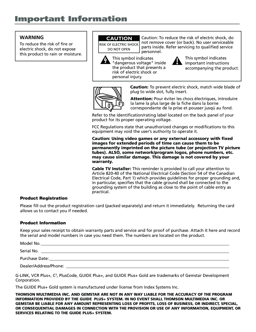 RCA F25423 manual Important Information, Product Registration 