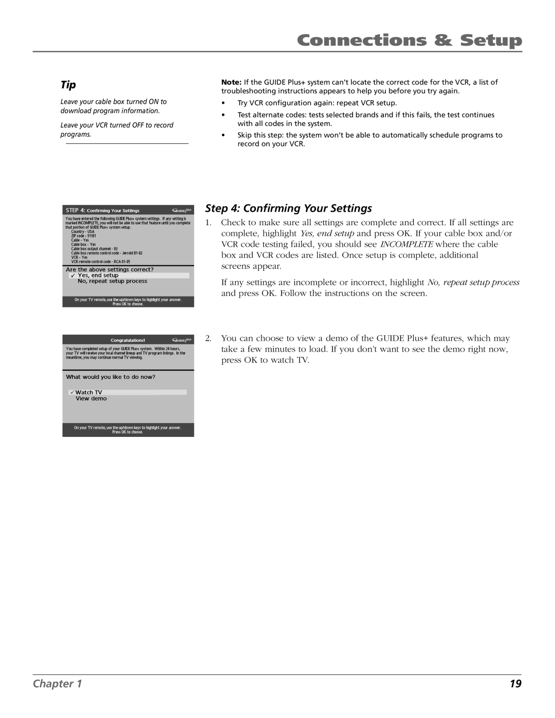 RCA F25423 manual Confirming Your Settings 