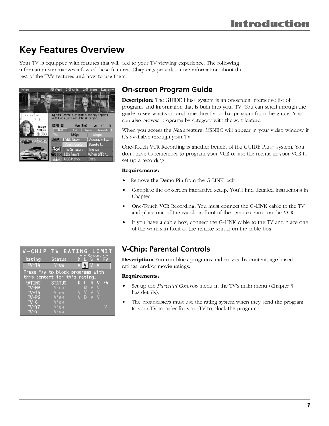 RCA F25423 manual Introduction, Key Features Overview, On-screen Program Guide, Chip Parental Controls 