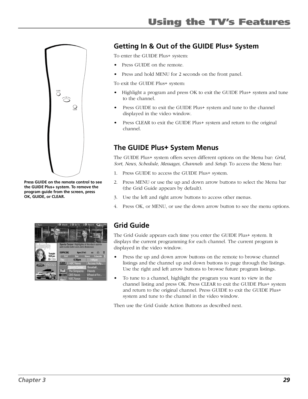 RCA F25423 manual Getting In & Out of the Guide Plus+ System, Guide Plus+ System Menus, Grid Guide 