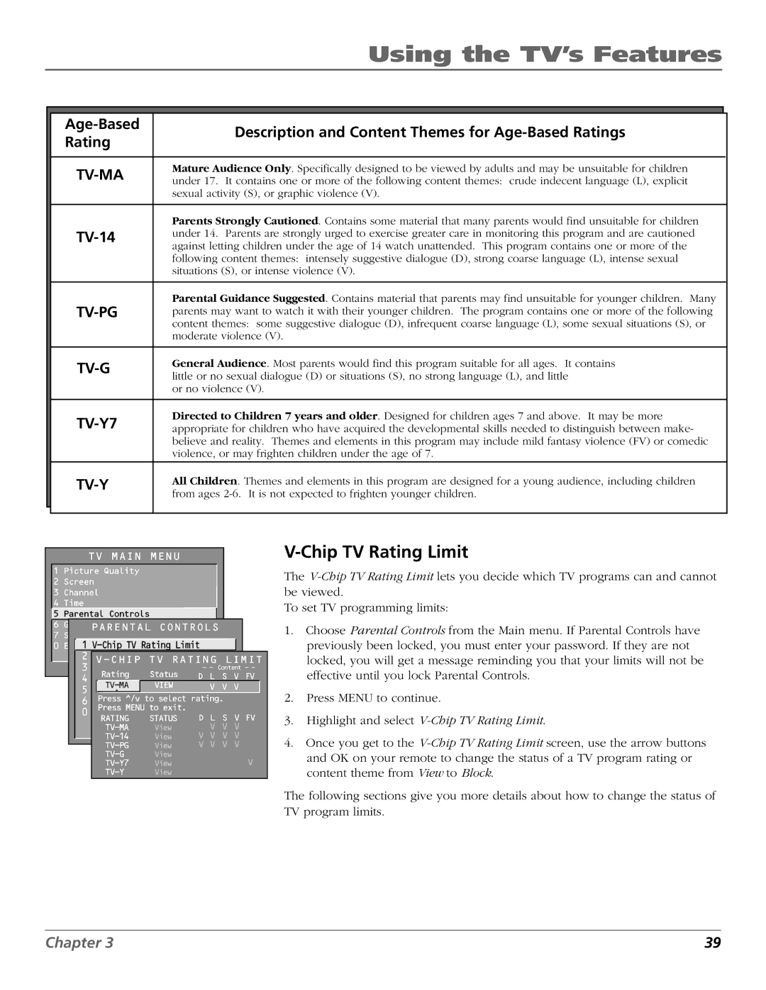 RCA F25423 manual Chip TV Rating Limit, TV-14 