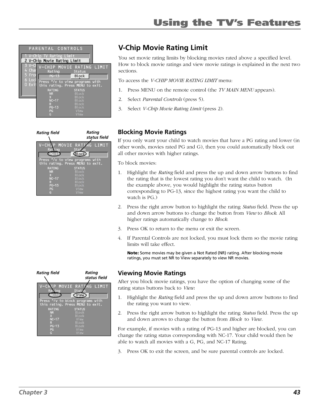 RCA F25423 manual Chip Movie Rating Limit, Blocking Movie Ratings, Viewing Movie Ratings 