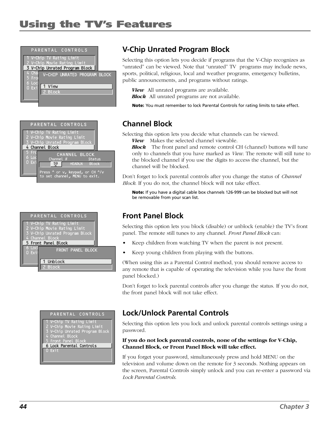 RCA F25423 manual Chip Unrated Program Block, Channel Block, Front Panel Block, Lock/Unlock Parental Controls 