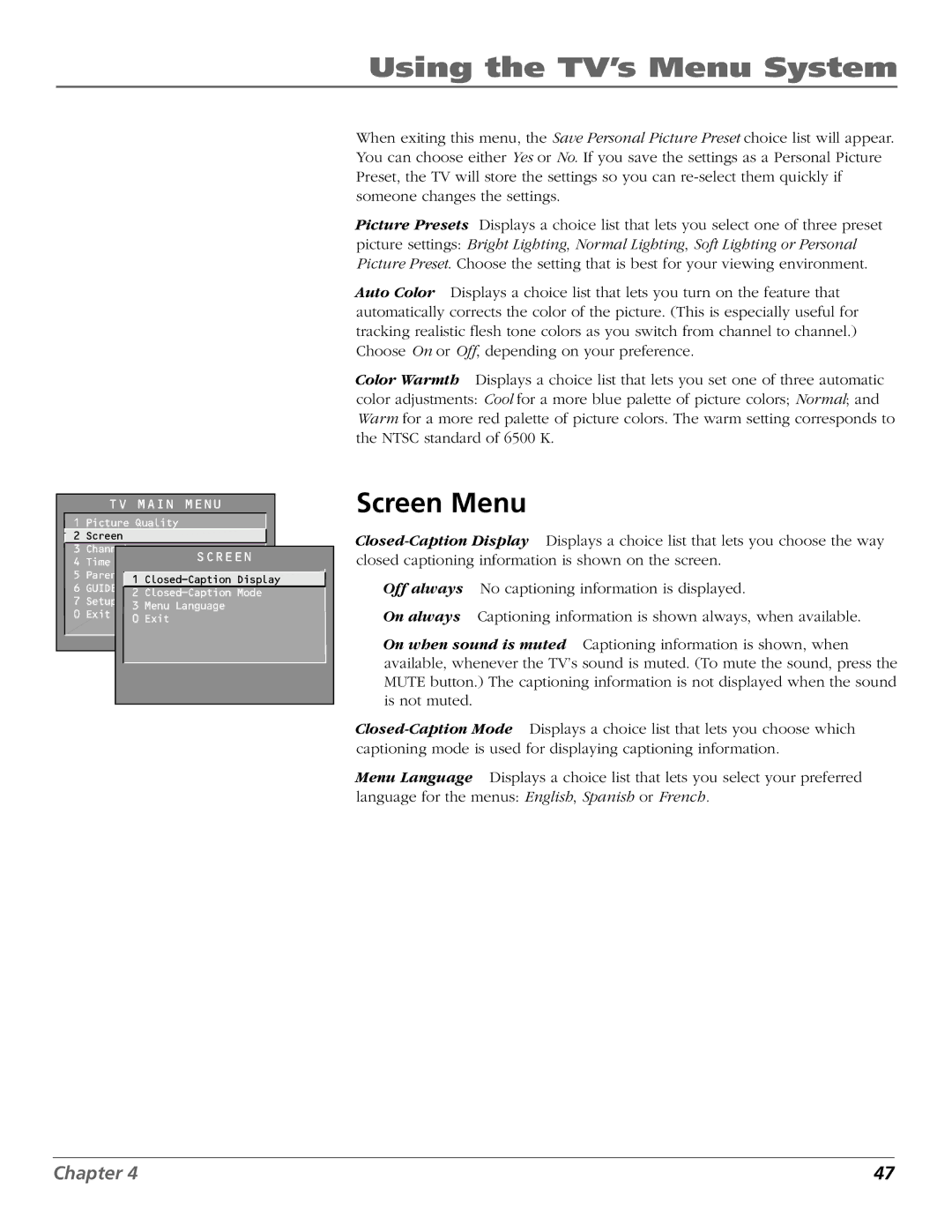 RCA F25423 manual Screen Menu 