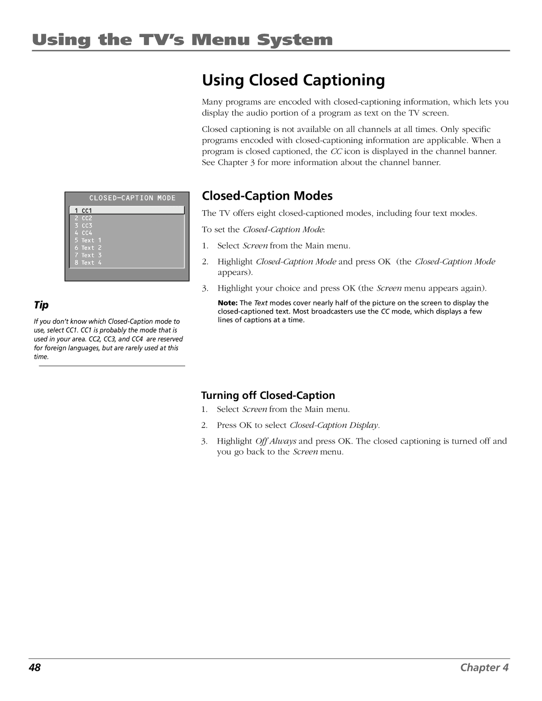 RCA F25423 manual Using Closed Captioning, Closed-Caption Modes, Turning off Closed-Caption 