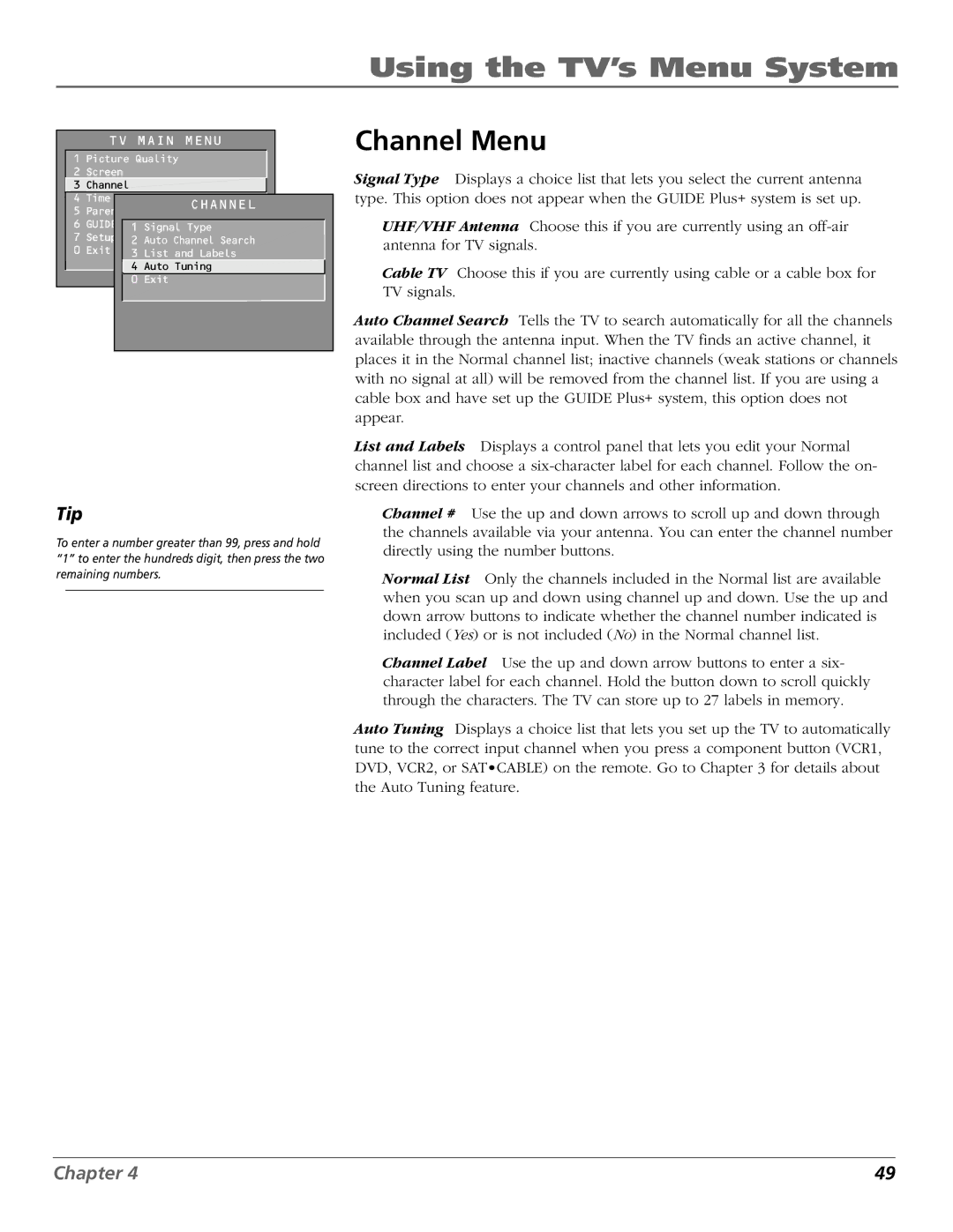 RCA F25423 manual Channel Menu 